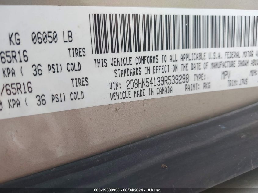 2009 Dodge Grand Caravan Sxt VIN: 2D8HN54139R539298 Lot: 39580950