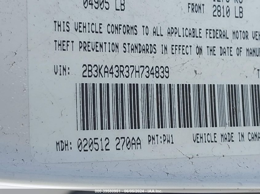 2007 Dodge Charger VIN: 2B3KA43R37H734839 Lot: 39580951