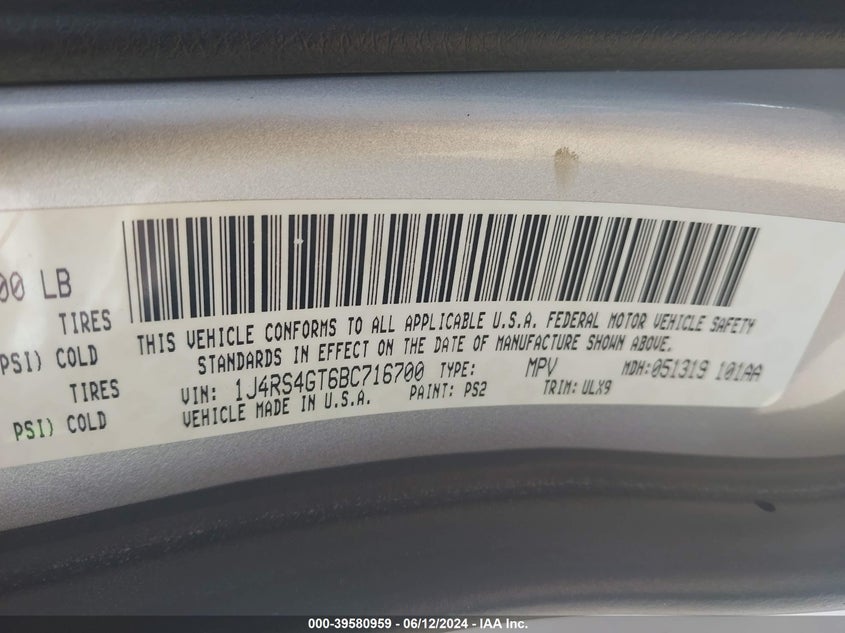 2011 Jeep Grand Cherokee Laredo VIN: 1J4RS4GT6BC716700 Lot: 39580959