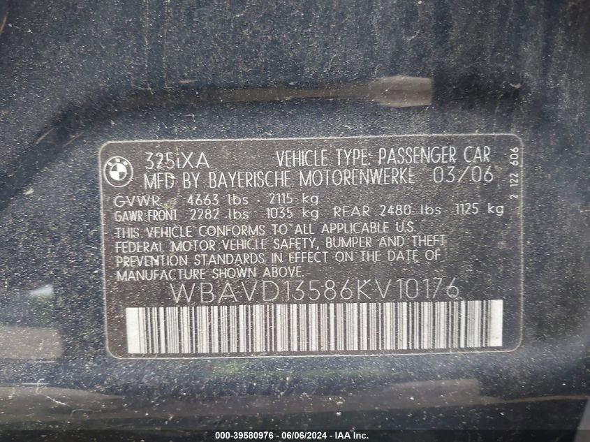 2006 BMW 325Xi VIN: WBAVD13586KV10176 Lot: 39580976