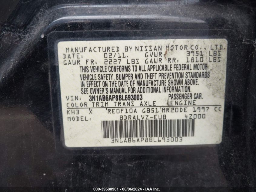 2011 Nissan Sentra 2.0Sl VIN: 3N1AB6AP8BL693003 Lot: 39580981