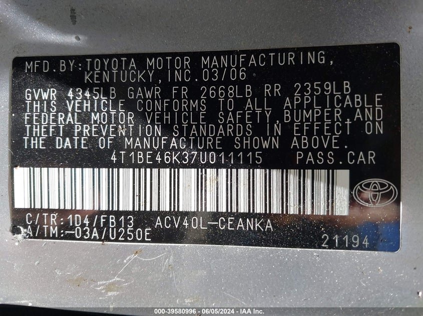 2007 Toyota Camry Ce VIN: 4T1BE46K37U011115 Lot: 39580996