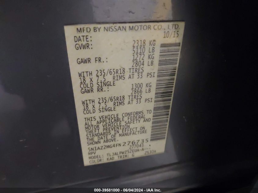 2015 Nissan Murano S VIN: 5N1AZ2MG4FN276735 Lot: 39581000