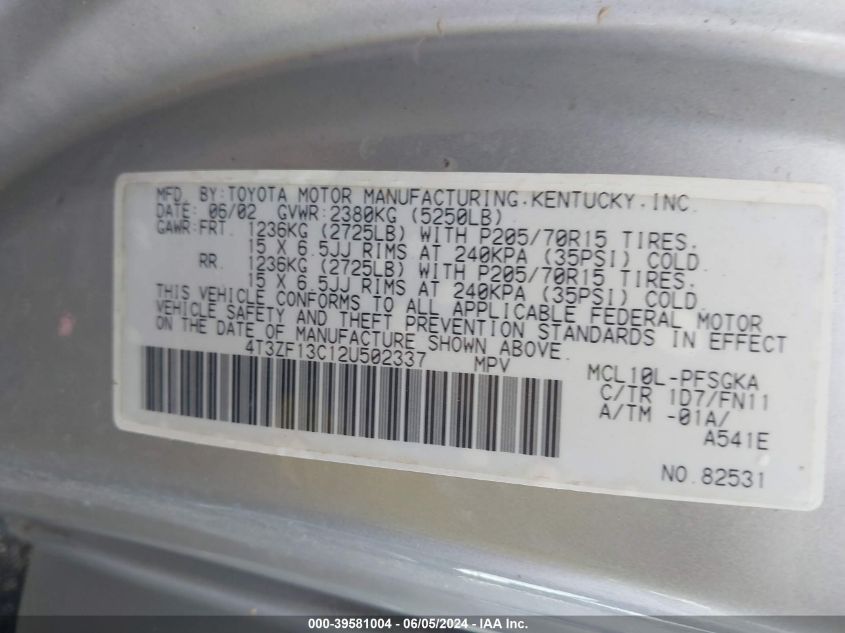 2002 Toyota Sienna Le VIN: 4T3ZF13C12U502337 Lot: 39581004