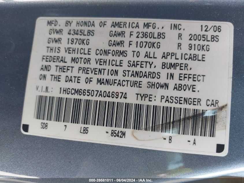 1HGCM66507A046974 | 2007 HONDA ACCORD