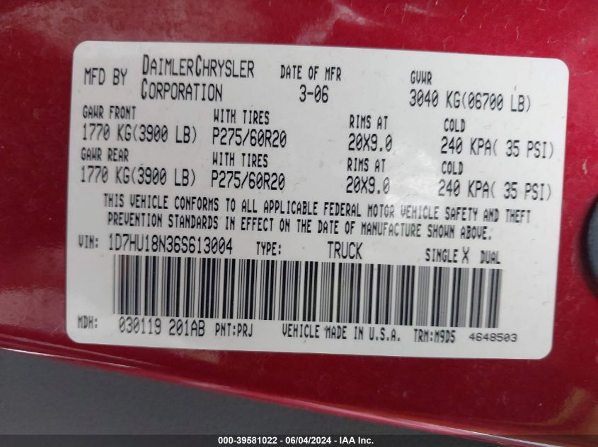 2006 Dodge Ram 1500 Slt/Trx4 Off Road/Sport VIN: 1D7HU18N36S613004 Lot: 39581022