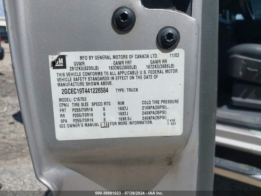 2004 Chevrolet Silverado 1500 Lt VIN: 2GCEC19T441226584 Lot: 39581023