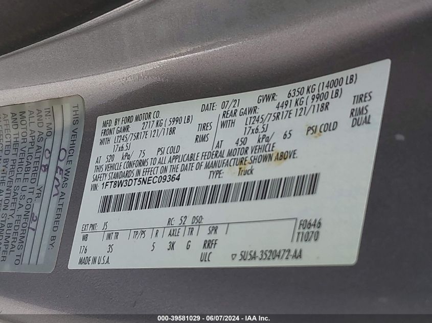 2022 Ford F-350 Xlt VIN: 1FT8W3DT5NEC09364 Lot: 39581029