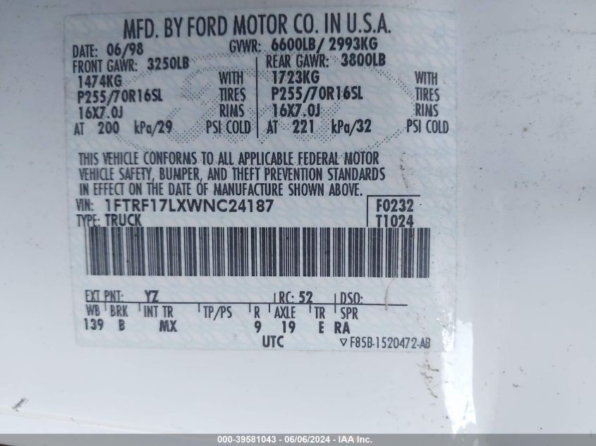 1998 Ford F-150 VIN: 1FTRF17LXWNC24187 Lot: 39581043