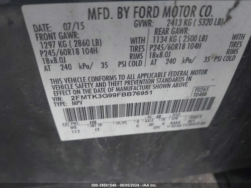 2015 Ford Edge Se VIN: 2FMTK3G99FBB76951 Lot: 39581048