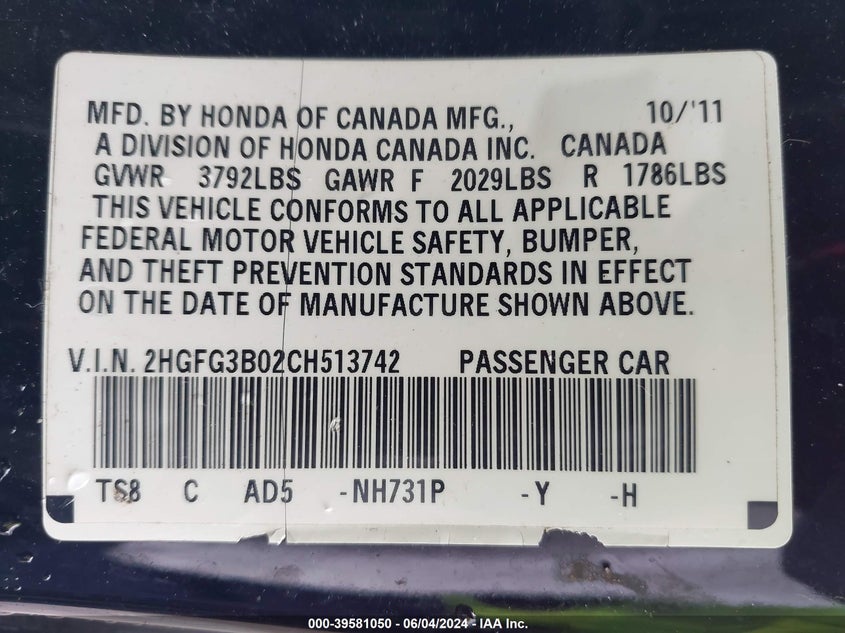 2012 Honda Civic Ex-L VIN: 2HGFG3B02CH513742 Lot: 39581050