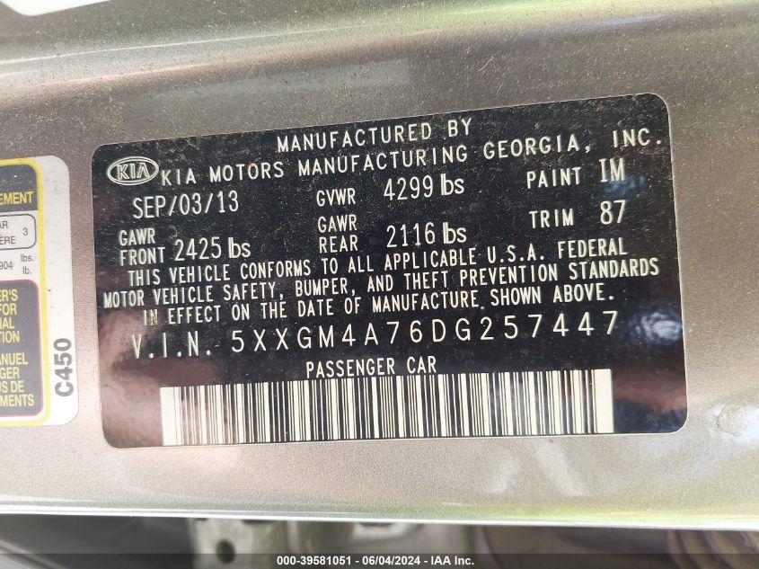 2013 Kia Optima Lx VIN: 5XXGM4A76DG257447 Lot: 39581051