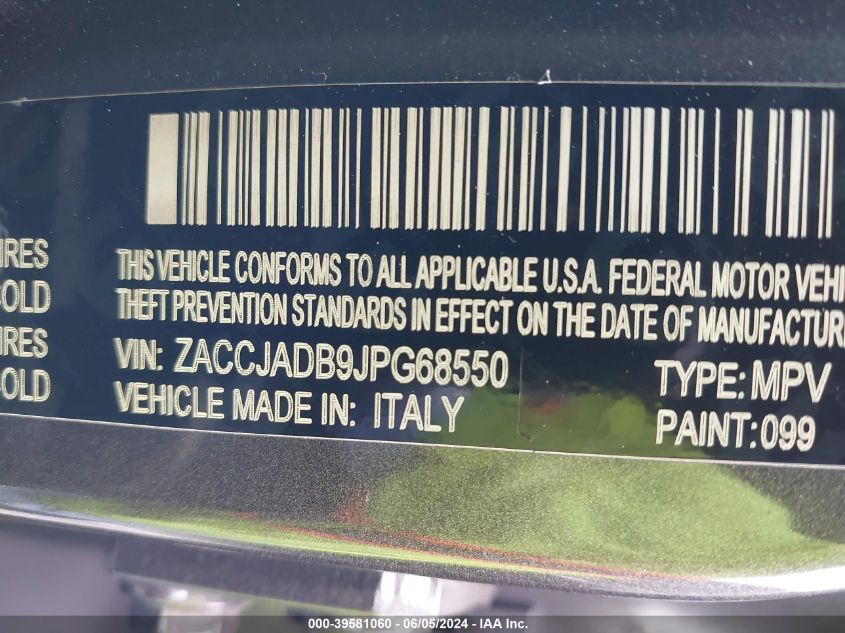 2018 Jeep Renegade Limited Fwd VIN: ZACCJADB9JPG68550 Lot: 39581060