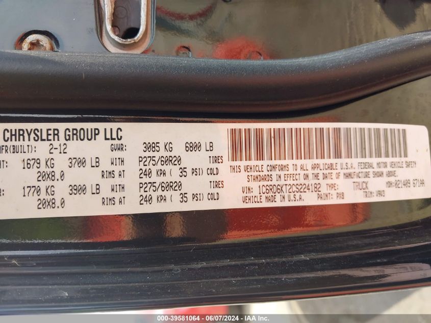 2012 Ram 1500 St VIN: 1C6RD6KT2CS224182 Lot: 39581064