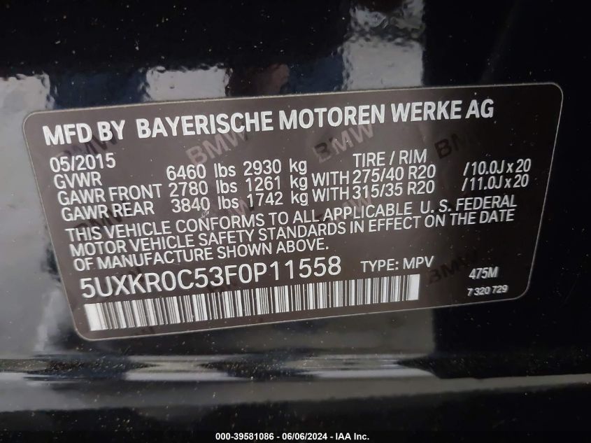 2015 BMW X5 xDrive35I VIN: 5UXKR0C53F0P11558 Lot: 39581086