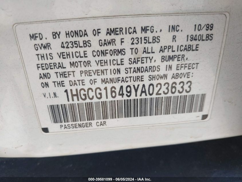 2000 Honda Accord 3.0 Lx VIN: 1HGCG1649YA023633 Lot: 39581099