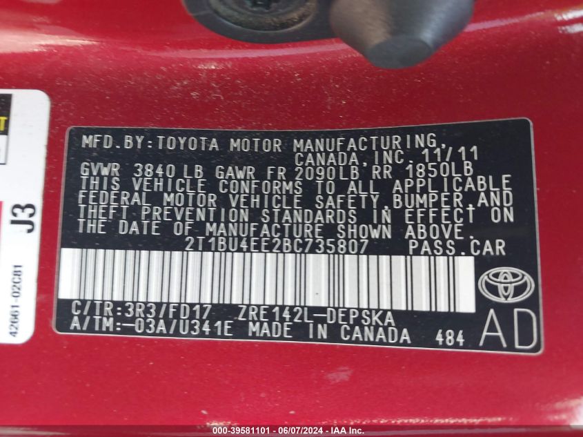 2011 Toyota Corolla S VIN: 2T1BU4EE2BC735807 Lot: 39581101