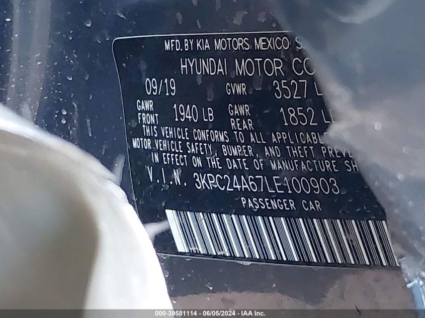 2020 Hyundai Accent Se VIN: 3KPC24A67LE100903 Lot: 39581114
