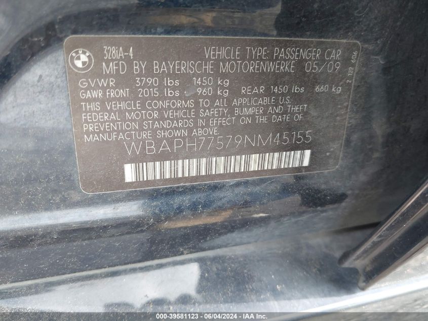 2009 BMW 328I VIN: WBAPH77579NM45155 Lot: 39581123