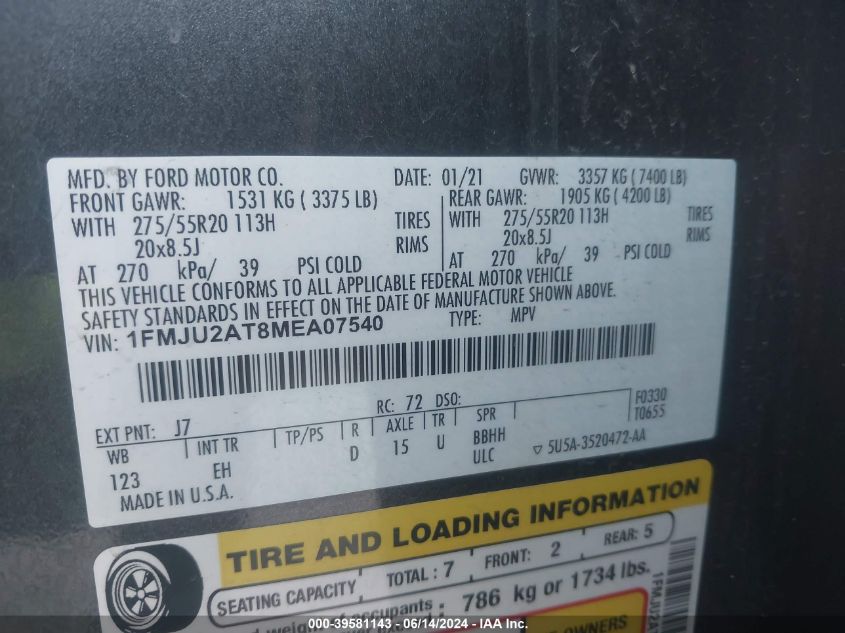 2021 Ford Expedition Limited VIN: 1FMJU2AT8MEA07540 Lot: 39581143