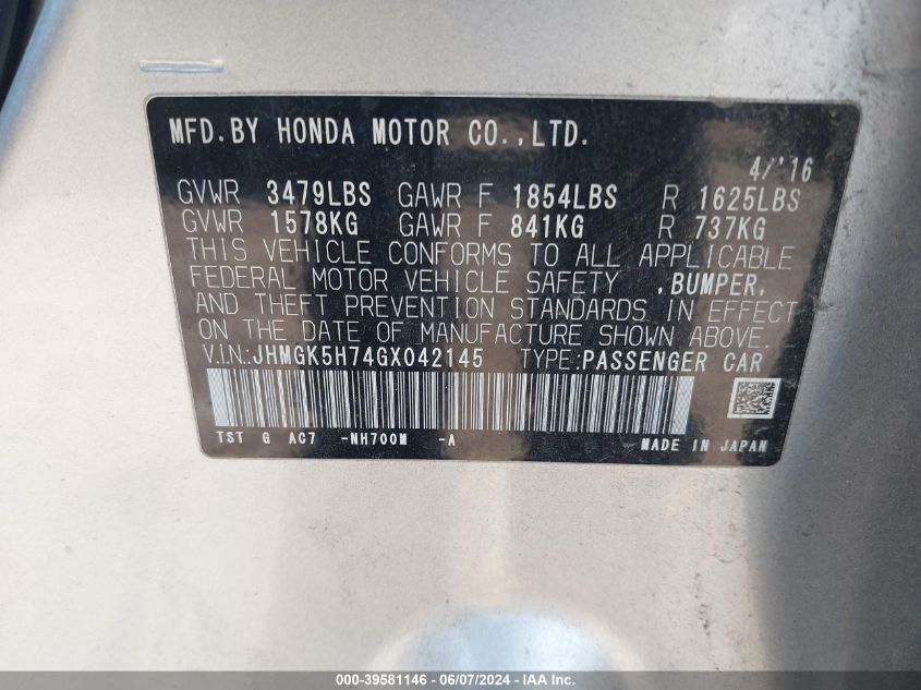 2016 HONDA FIT EX/EXL - JHMGK5H74GX042145