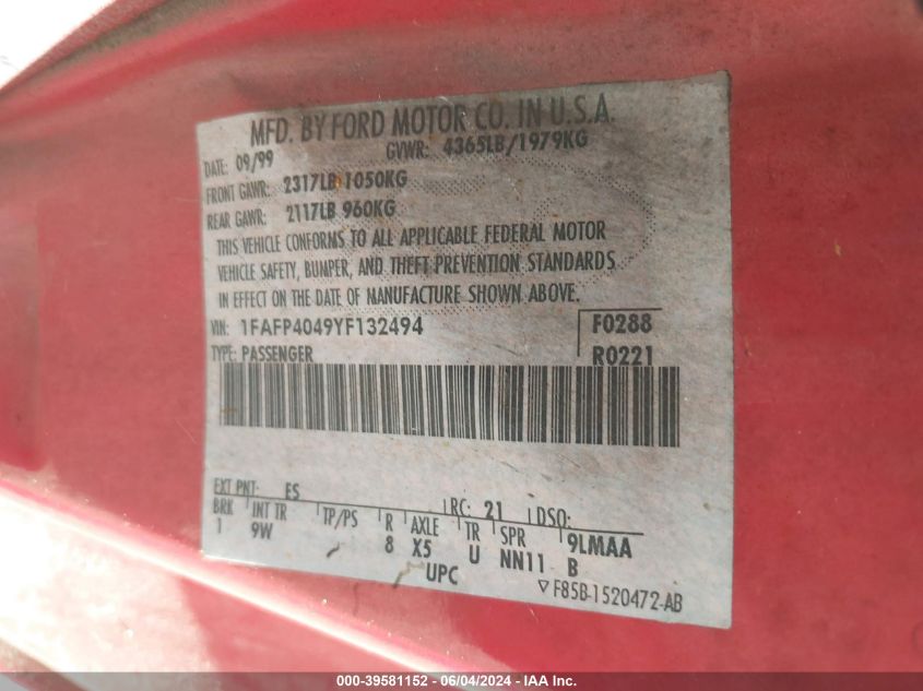 2000 Ford Mustang VIN: 1FAFP4049YF132494 Lot: 39581152