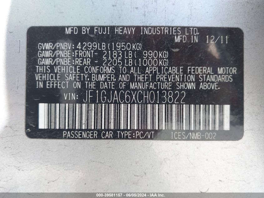 2012 Subaru Impreza 2.0I Premium VIN: JF1GJAC6XCH013822 Lot: 39581157