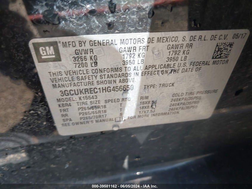 2017 Chevrolet Silverado 1500 2Lt VIN: 3GCUKREC1HG456650 Lot: 39581162