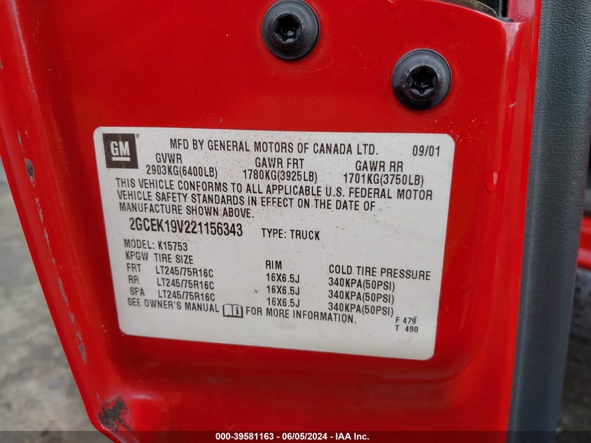 2002 Chevrolet Silverado 1500 Ls VIN: 2GCEK19V221156343 Lot: 39581163