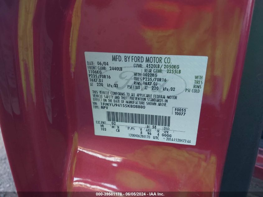 2005 Ford Escape Limited VIN: 1FMYU94155KB08880 Lot: 39581178