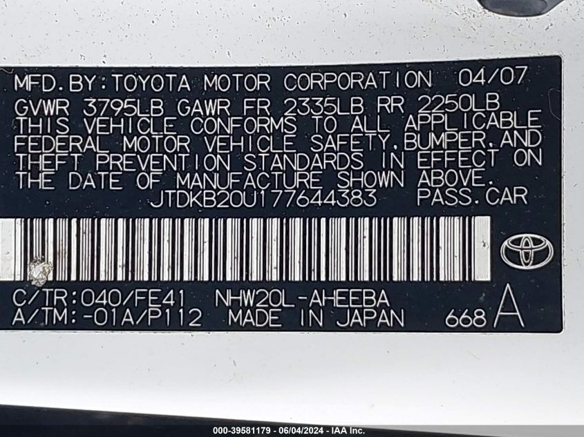 2007 Toyota Prius VIN: JTDKB20U177644383 Lot: 39581179