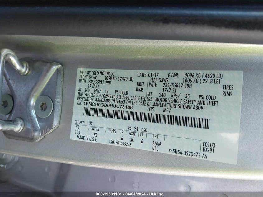 2017 Ford Escape Se VIN: 1FMCU0GD0HUC73188 Lot: 39581181