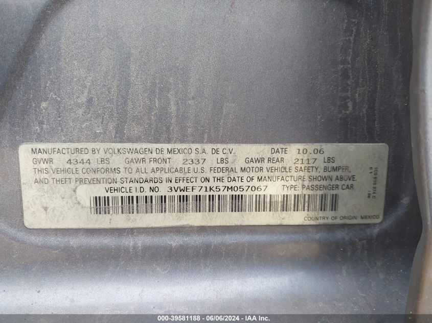 2007 Volkswagen Jetta Wolfsburg Edition VIN: 3VWEF71K57M057067 Lot: 39581188