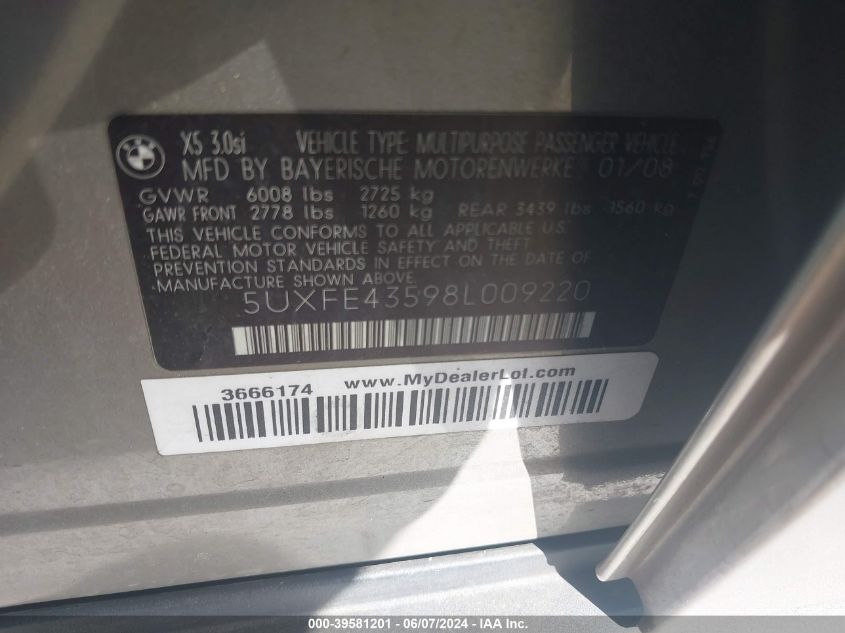 2008 BMW X5 3.0Si VIN: 5UXFE43598L009220 Lot: 39581201
