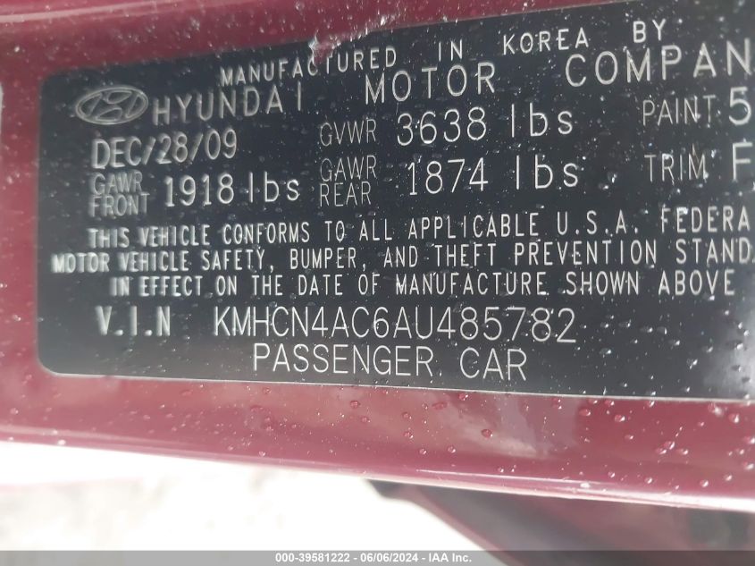 2010 Hyundai Accent VIN: KMHCN4AC6AU485782 Lot: 39581222