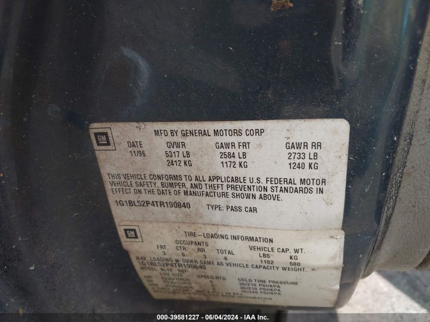 1996 Chevrolet Caprice / Impala Classic Ss VIN: 1G1BL52P4TR190840 Lot: 39581227