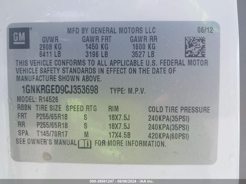 2012 Chevrolet Traverse 1Lt VIN: 1GNKRGED9CJ353698 Lot: 39581247