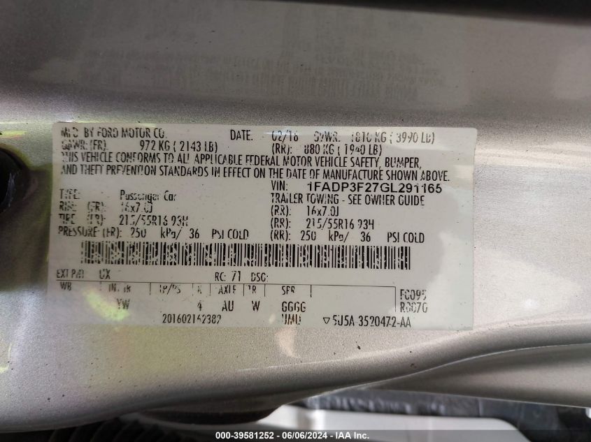 2016 Ford Focus Se VIN: 1FADP3F27GL291165 Lot: 39581252