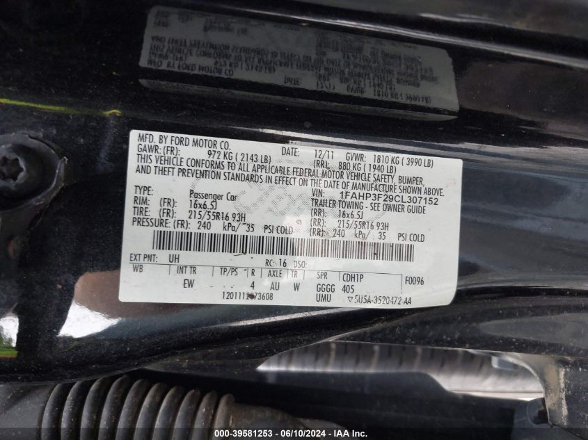 2012 Ford Focus Se VIN: 1FAHP3F29CL307152 Lot: 39581253