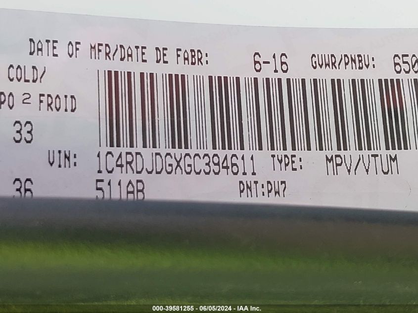 2016 Dodge Durango Limited VIN: 1C4RDJDGXGC394611 Lot: 39581255