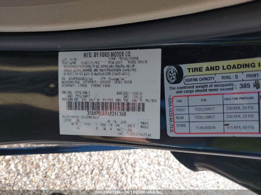 2010 Ford Fusion Sel VIN: 3FAHP0JA9AR241360 Lot: 39581266