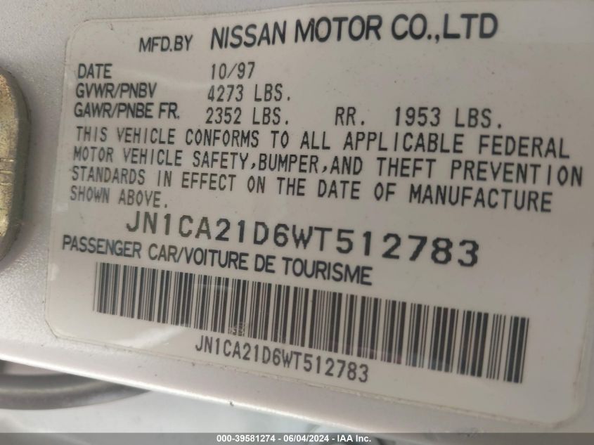 1998 Nissan Maxima Gle/Gxe/Se VIN: JN1CA21D6WT512783 Lot: 39581274