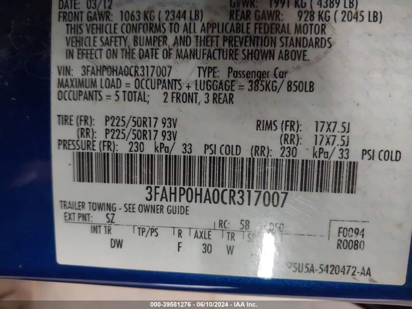 2012 Ford Fusion Se VIN: 3FAHP0HA0CR317007 Lot: 39581276