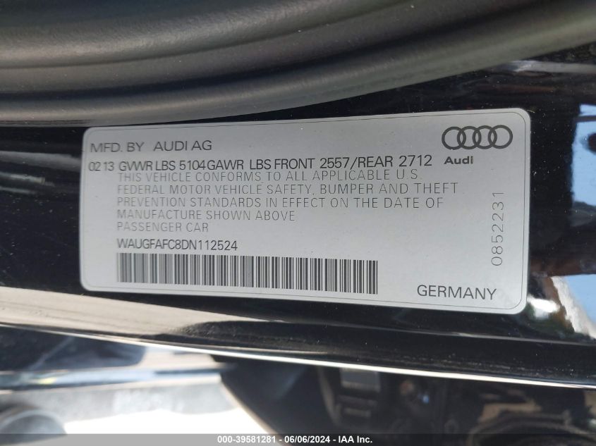 2013 Audi A6 2.0T Premium VIN: WAUGFAFC8DN112524 Lot: 39581281