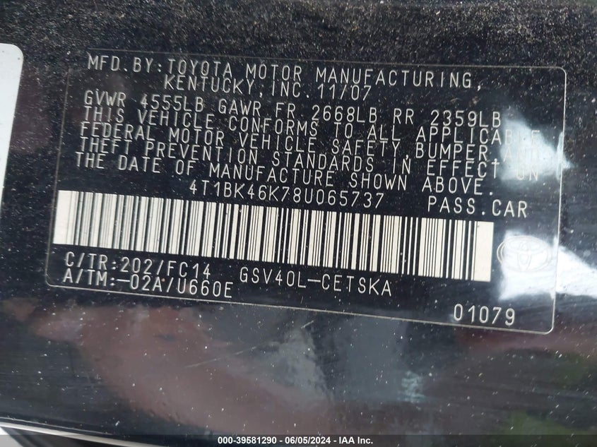 2008 Toyota Camry Se V6 VIN: 4T1BK46K78U065737 Lot: 39581290