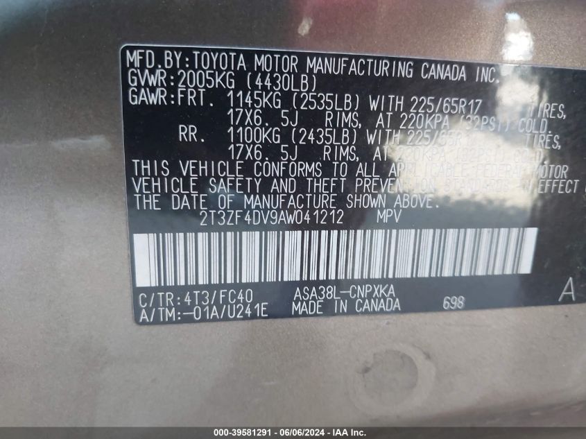 2010 Toyota Rav4 VIN: 2T3ZF4DV9AW041212 Lot: 39581291