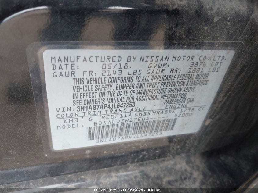 2018 Nissan Sentra Sv VIN: 3N1AB7AP4JL647253 Lot: 39581296