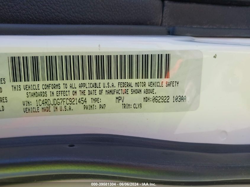 2015 Dodge Durango Limited VIN: 1C4RDJDG7FC921454 Lot: 39581304