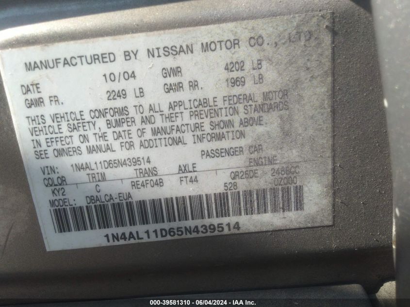 2005 Nissan Altima 2.5 S VIN: 1N4AL11D65N439514 Lot: 39581310