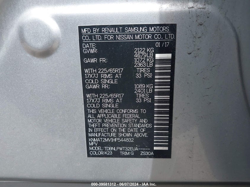 2017 Nissan Rogue S VIN: KNMAT2MV1HP544832 Lot: 39581312